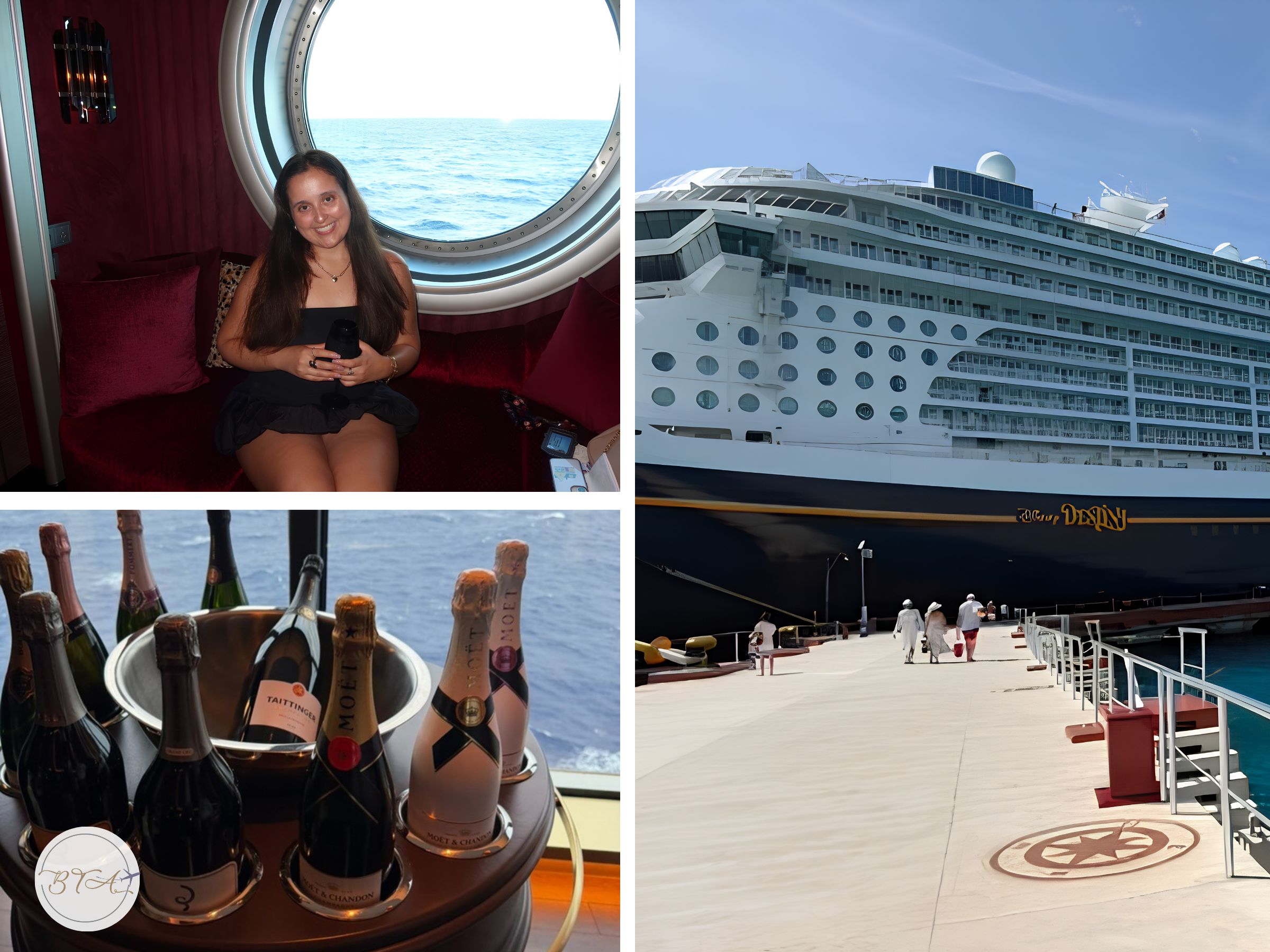 Collage-style cruise review page featuring a Disney cruise ship docked at port, a woman sitting by a window on board, a champagne photo, a black circular graphic, and the BTA travel agency logo.