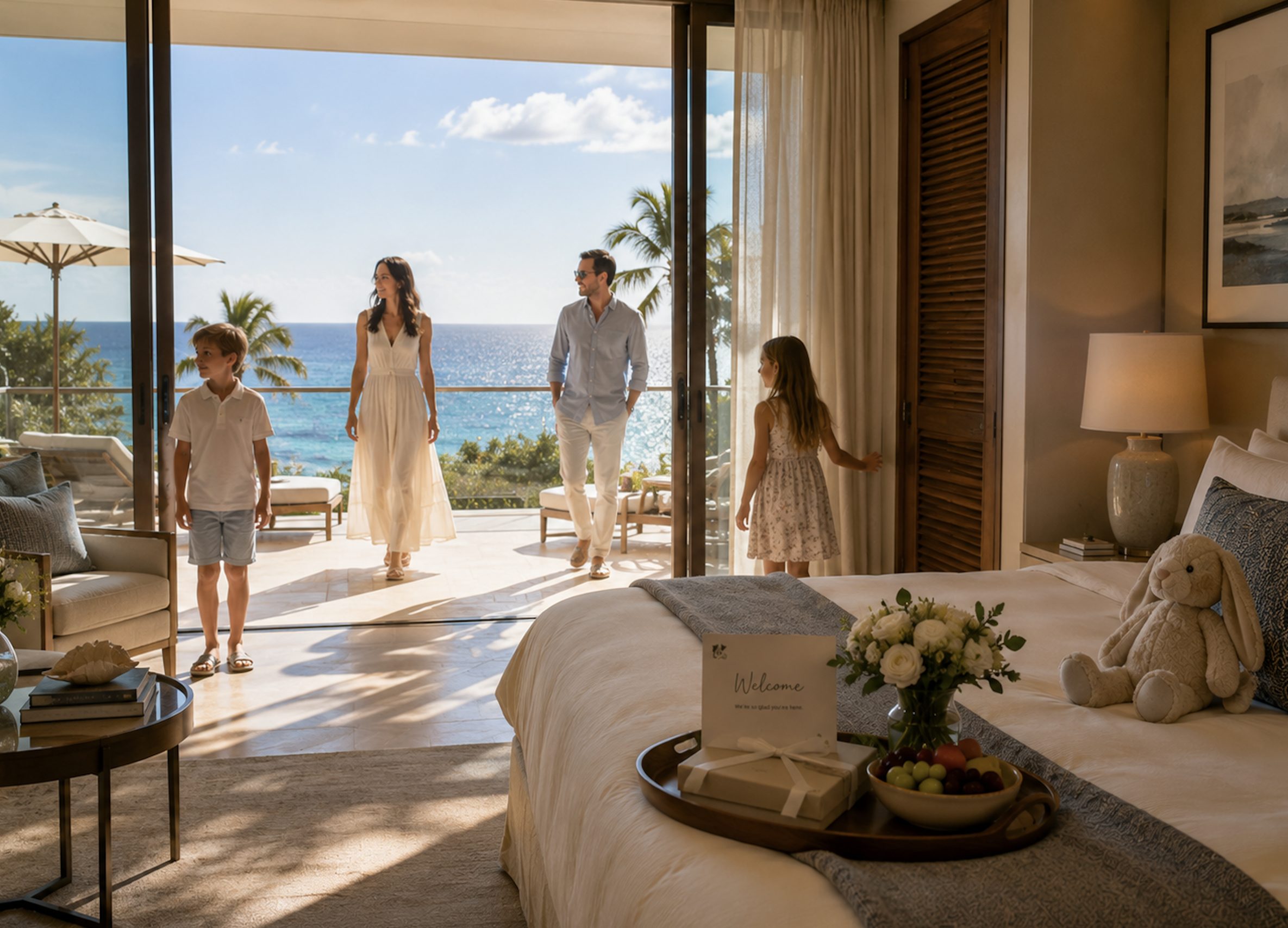 family walking into hotel